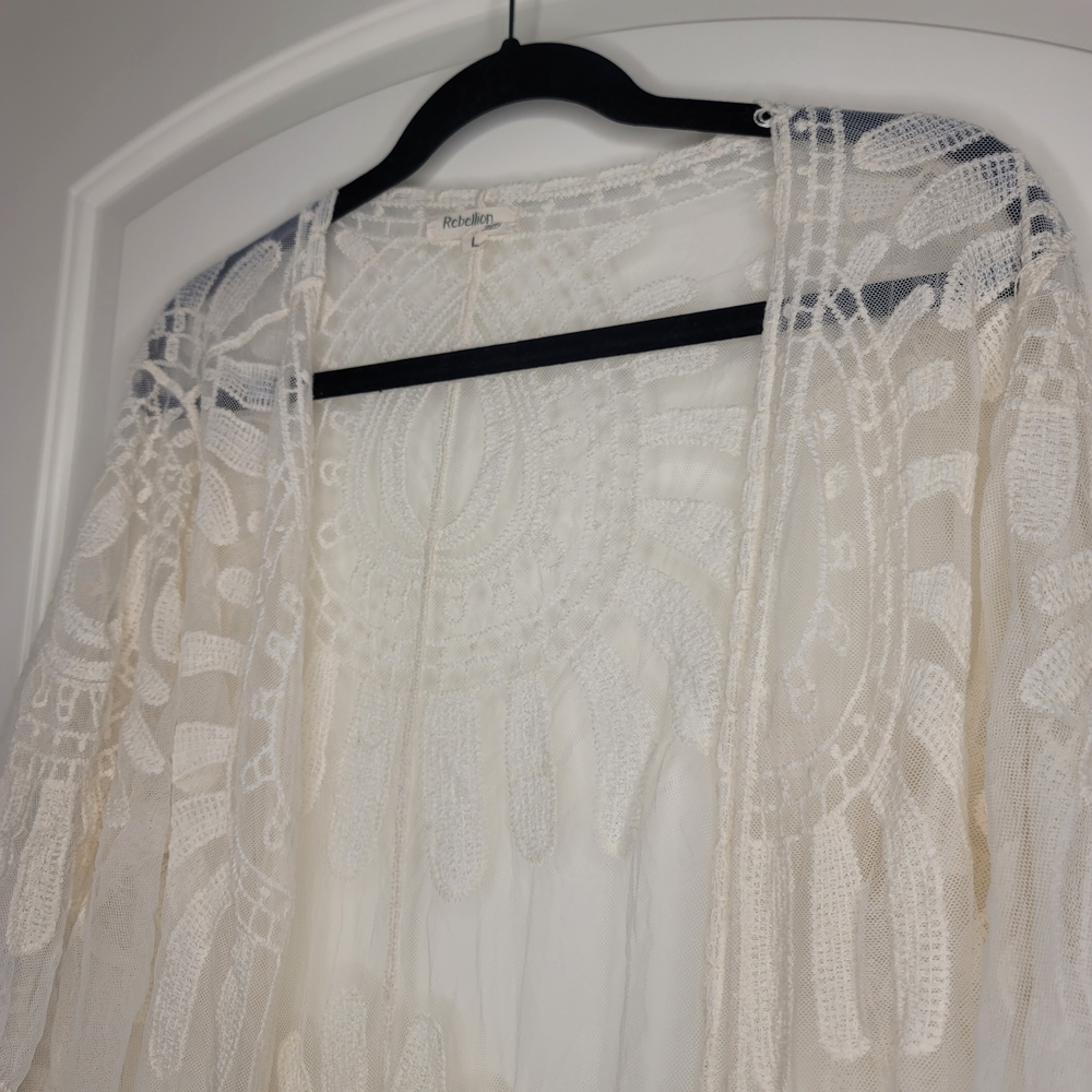 Rebellion Cream Crochet Lace Kimono Cover-Up Rope Cottagecore